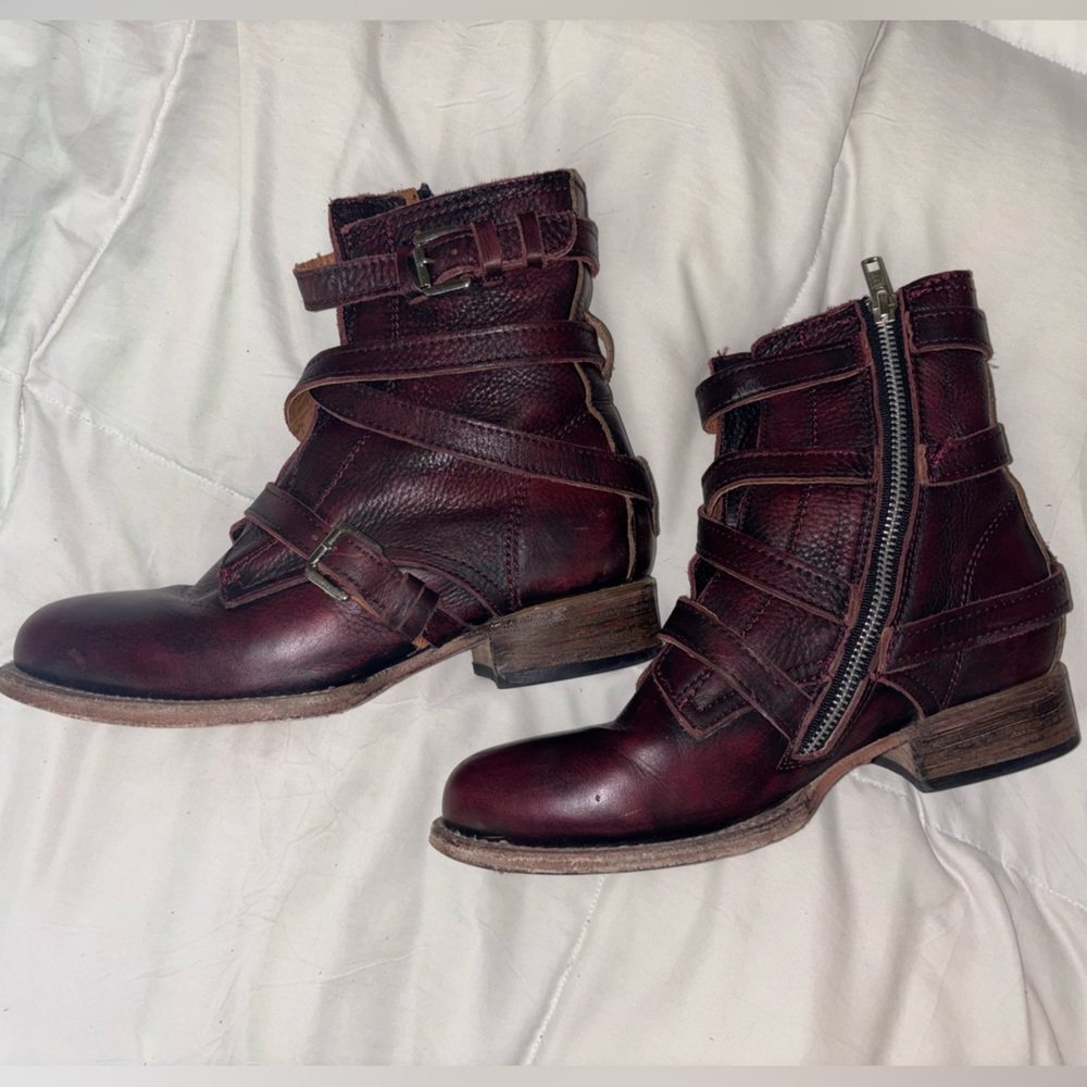Freebird by Steven Wine Leather Buckle Strap Ankle Boots - Picture 2 of 13